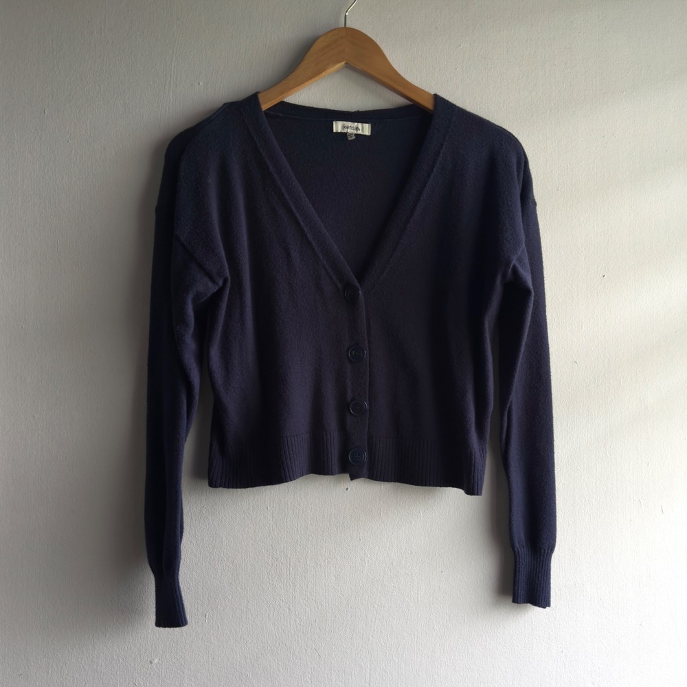 Kensie Cropped V-Neck Button Front Cardigan Womens Size M Navy Blue Minimalist
